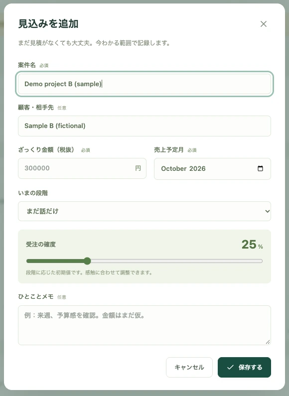 売上見込みツールの案件入力画面。案件名、売上予定月、状態、金額、確度を入力します。記事撮影用の架空の案件を表示しています。